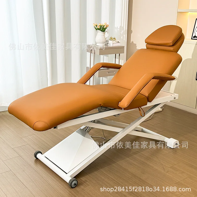 YJQ electric beauty bed with breathable holes, lifting foot control, height adjustment with double armrests