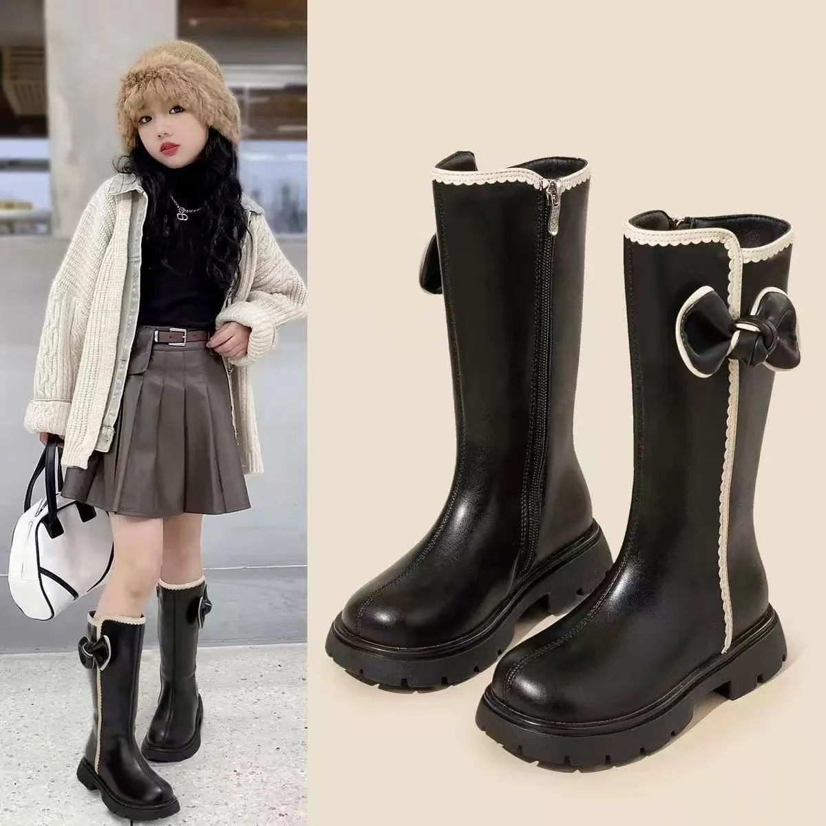 

Zapatos Niña, модные детские ботинки, осенне-зимние теплые плюшевые кожаные ботинки для девочек, сапоги до колена на платформе с мягкой подошвой, детская обувь