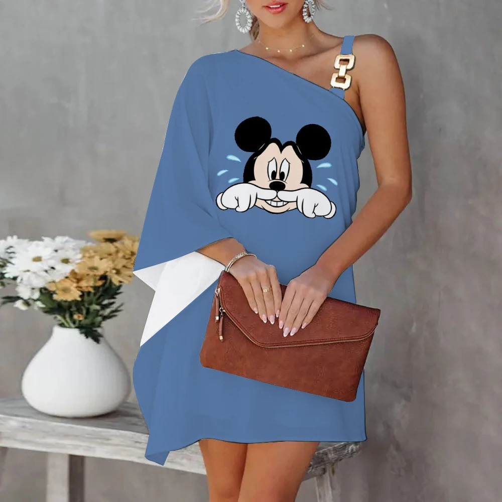 

Mini Dress Diagonal Collar Luxury Party Dress Summer Dresses Woman 2022 Offer One-Shoulder Mickey Disney Minnie Mouse Evening