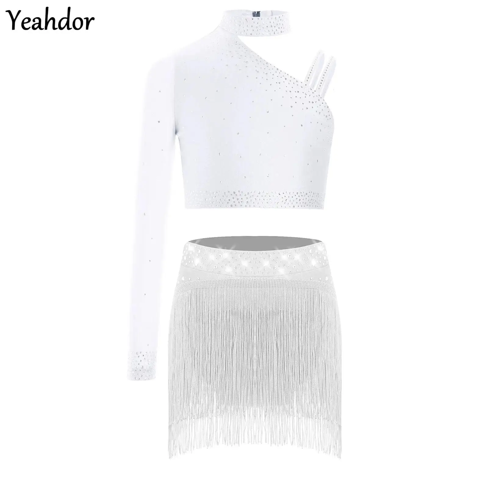 

Girls Lyrical Contemporary Dance Outfits One Shoulder Rhinestones Crop Top And Fringe Bottoms Skirt Set Ballet Skating Costume