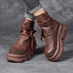 GKTINOO Handmade Mid-calf Boots Platform Women Genuine Leather Short Boots Round Toe Height Increasing Thick Sole Ladies Shoes