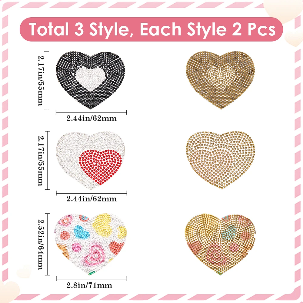 6Pcs 3 Styles Heart Shape Iron on Patches Decorative Adhesive Sew on Glass Rhinestone Patch Love Hearts Glitter Appliques