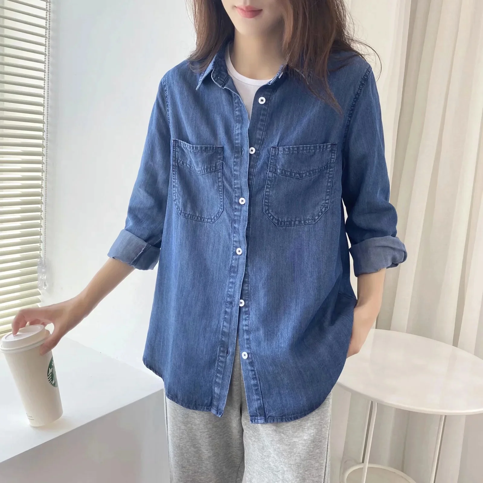 

Korea Fashion Chic Pockets Splicing Denim Blouse Women Single Breasted Long Sleeve Jean Shirt 2024 Women's Casual Shirt