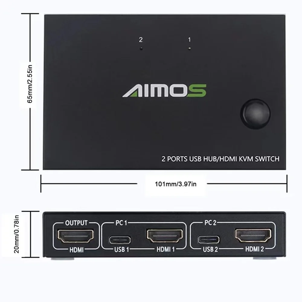 HDMI KVM Switch Box, 2 em 1 saída, 2 PC Sharing, Teclado, Mouse, Impressora, Plug, Display de Vídeo, USB, Swl, Divisor