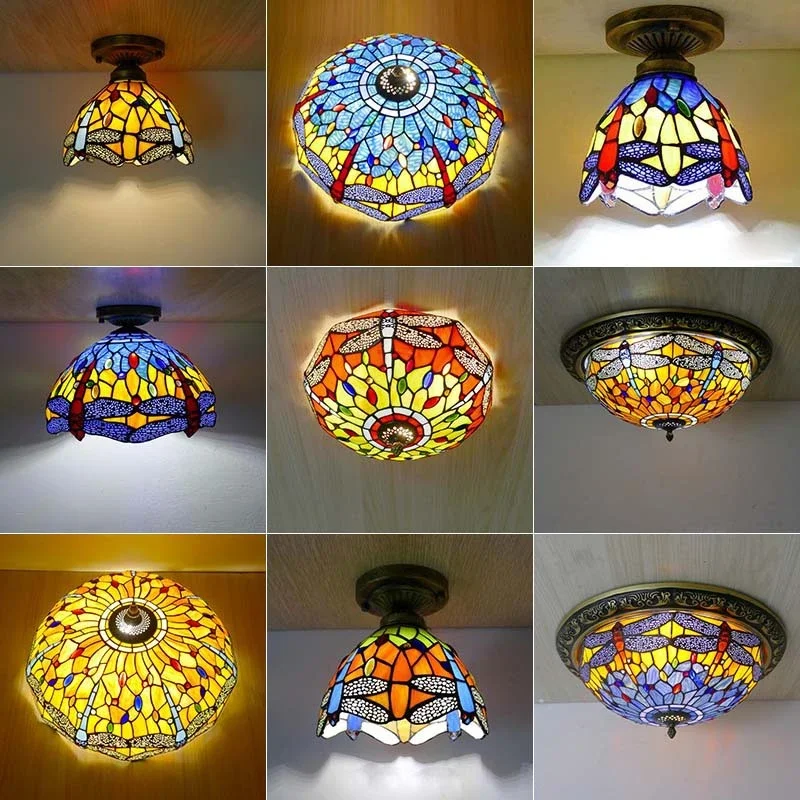 FAIRY Tiffany Ceiling Light American Countryside Bedroom Study Modern Creative Bar Counter Corridor Colored Glass Ceiling Light