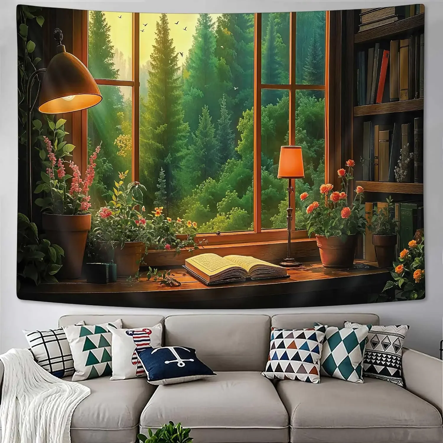 Nature Window View Tapestry, Green Pine Forest Potted Blooms Reading Book Wall Hanging, Nice Room Background Cloth Decor