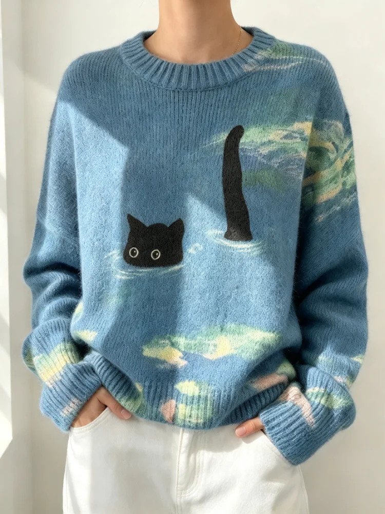 Women Light Blue Loose Knit Sweater Cute Black Cat Swimming In Ocean Oil Painting Print Crew Neck Long Sleeve Casual Pullover