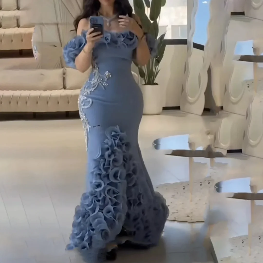 

Elegant Ruffles Mermaid Prom Dresses Appliques Beaded Special Occasion Front Split Off Shoulder Long Pale Blue Evening Gowns