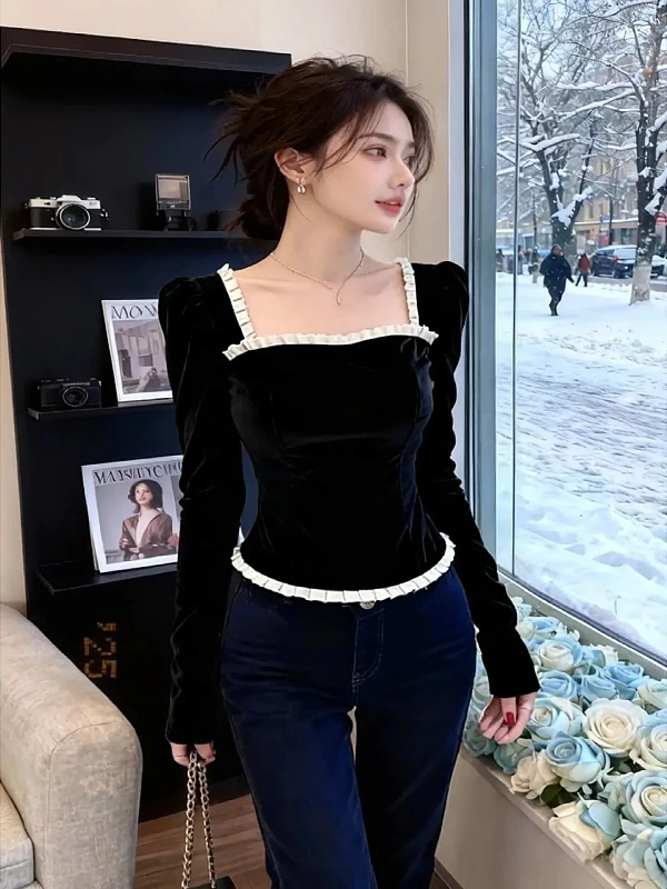 

Женская футболка больших размеров в стиле ретро с длинным рукавом, цветными блоками, базовый слой, осенне-зимний модный дизайн, топ под низкую одежду