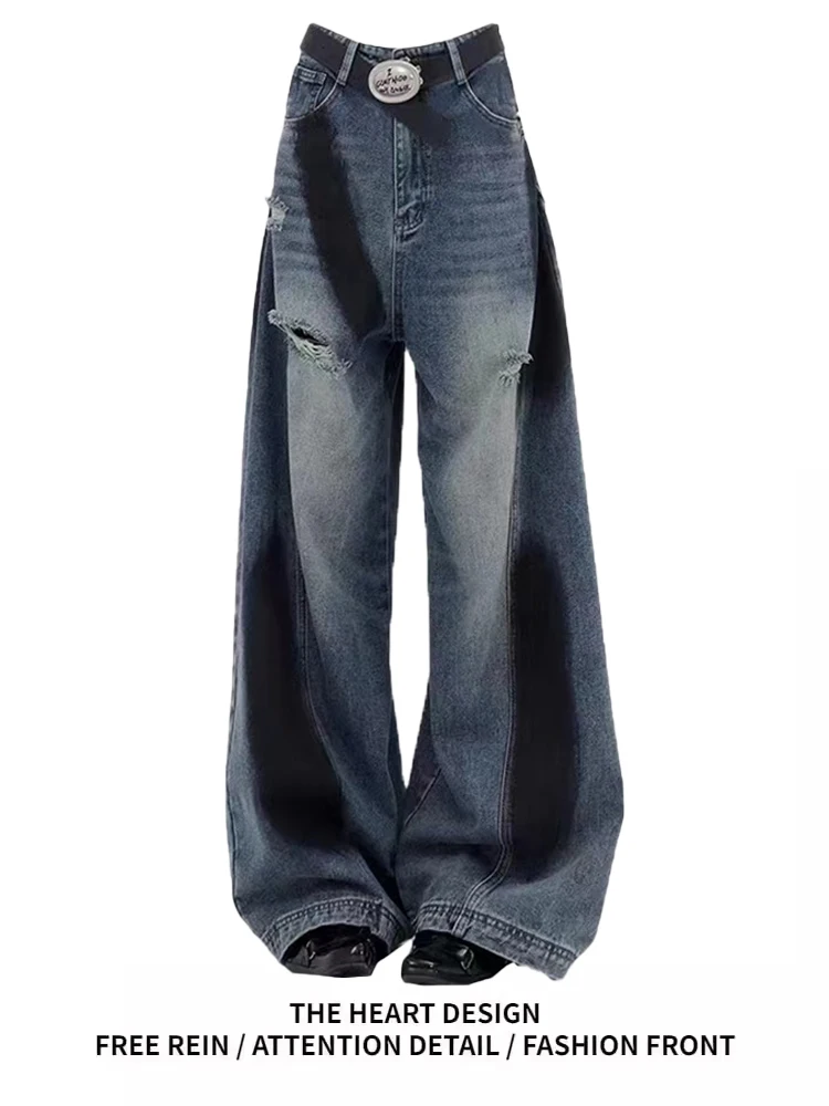

American High Street Women's Design Sense Ripped Denim Pants Loose Retro Splaed Ink Blaened Wide Leg Floor-Length Trousers