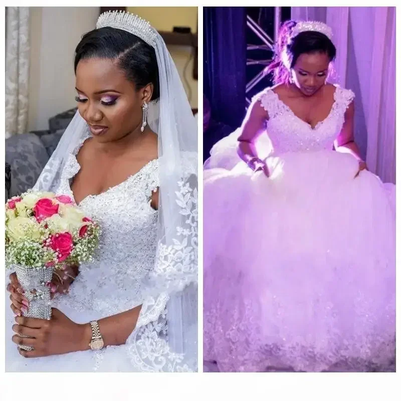 

Customized Ball Gown Wedding Dress V Neck Lace Appliques Beaded Train Black Girls Sweep Dresses Bridal Gowns Plus Size