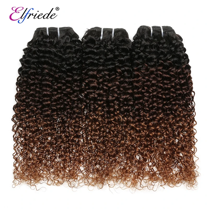 Elfriede 1B/4/30 Kinky Curly Ombre Colored Hair Bundles with Frontal 100% Human Hair Weaves 3 Bundles with Lace Frontal 13x4