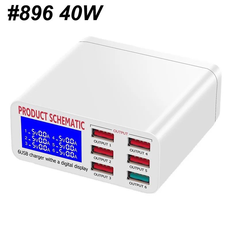 

6 Ports Digital LCD Display LED LIGHT 5V 8A 40W USB Fast QC 3.0 Charger Charging Desktop Stand For Smart Tablet PC Mobile Phone
