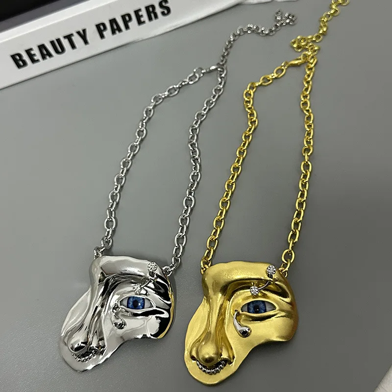 Exaggerated gold color face mask Pendant necklace earrings Cuban chain design feel cool hip hop personality collarbone chain