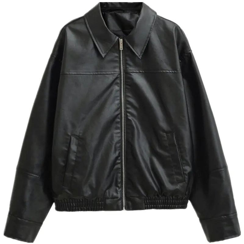 New 2025 Autumn Women's Faionable Leather Pilot Jaet Collar Outerwear Versatile Long Sve Zipper Closure  Color