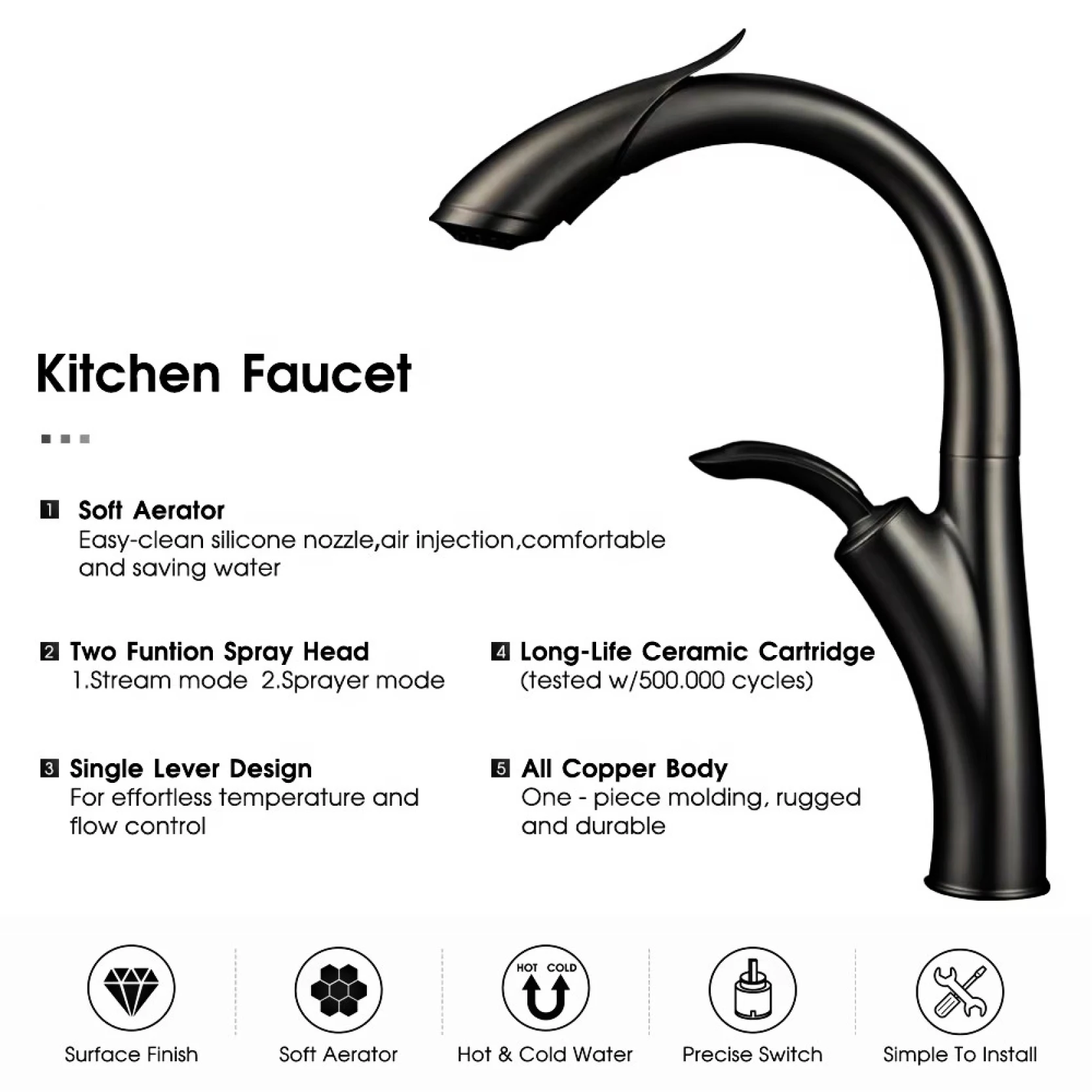 Plan de cuisine de luxe en laiton noir, design coulissant, poignée unique pour eau chaude et froide, 2 fonctions, évier moderne