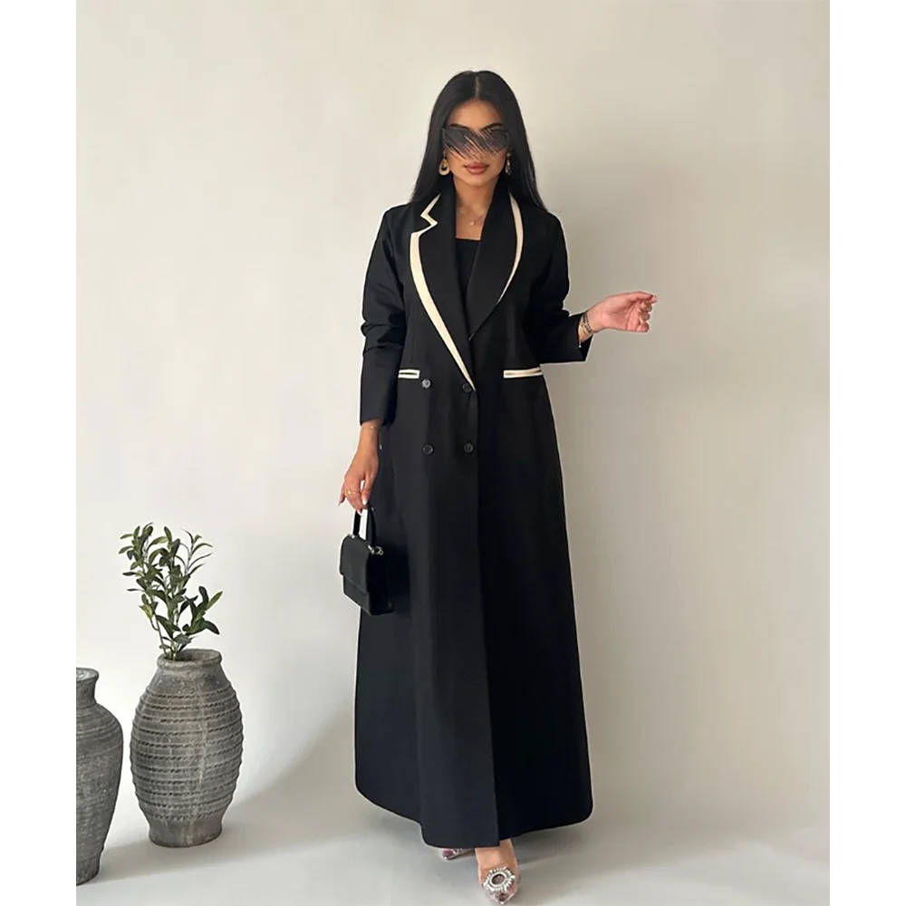 Simples preto diário feminino abaya muçulmano robe solto blazer feminino novo duplo breasted senhora jaqueta uma peça فسات