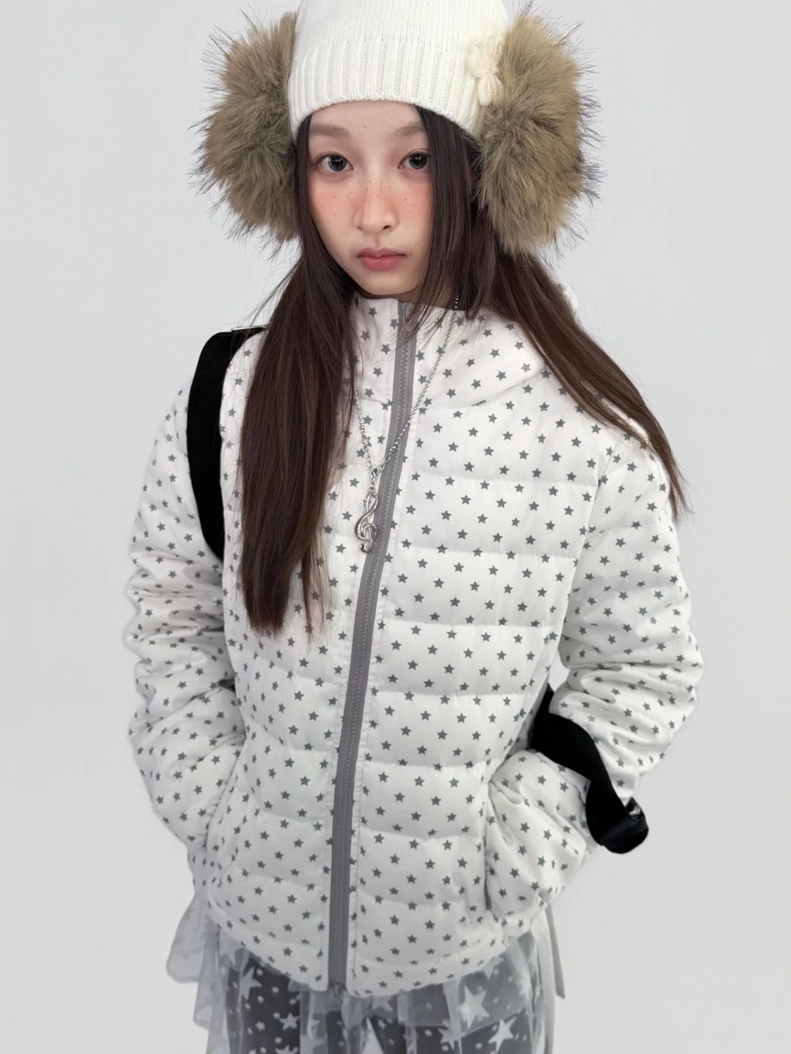 Sweet Kawaii Women Star Pattern Cotton Padded Coat Hooded Zip Up Short Lightweight Winter Outwear