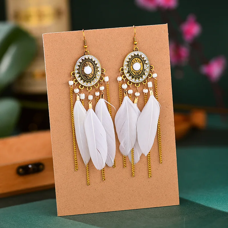 Bohemian Vintage Lange Weiße Feder Ohrringe für Frauen Ethnische Temperament Gold Farbe Kette Quaste Ohrringe Boho Hochzeit Schmuck – Detail 10