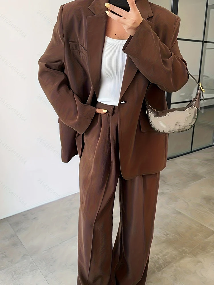 Elegant Lady Button Pocket Pants Outfit Casual Solid Long Sleeve Blazer&Wide Leg Pants Set Fashion Women Loose Commute Two Piece