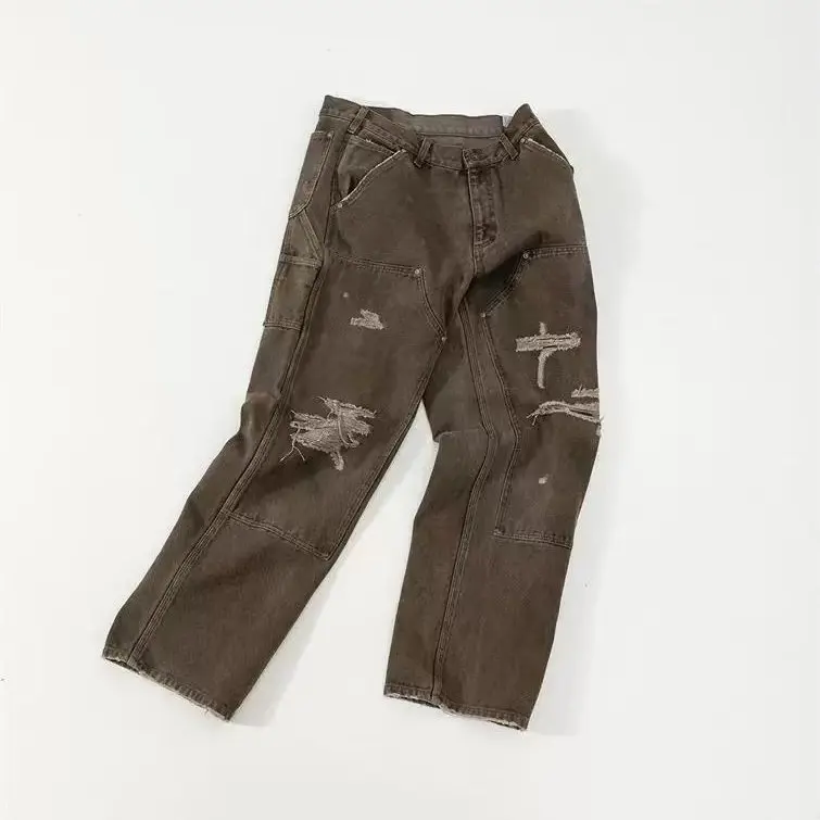 Saint heavy destruction ink splashing vintage lumberjack loose straight pants