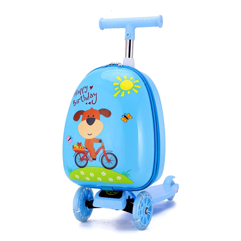 Scooter de bagagem dos desenhos animados infantis, mala de viagem, mochila dobrável com rodas, meninos e meninas, 16