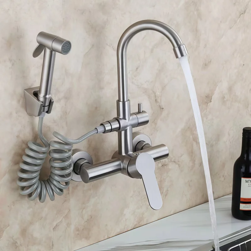 Wall Mounted Gourmet Kitchen Faucet with Extendable Bidet Wall Mixer Tap Black SUS 304 Dual Hole Flexible Sink Crane