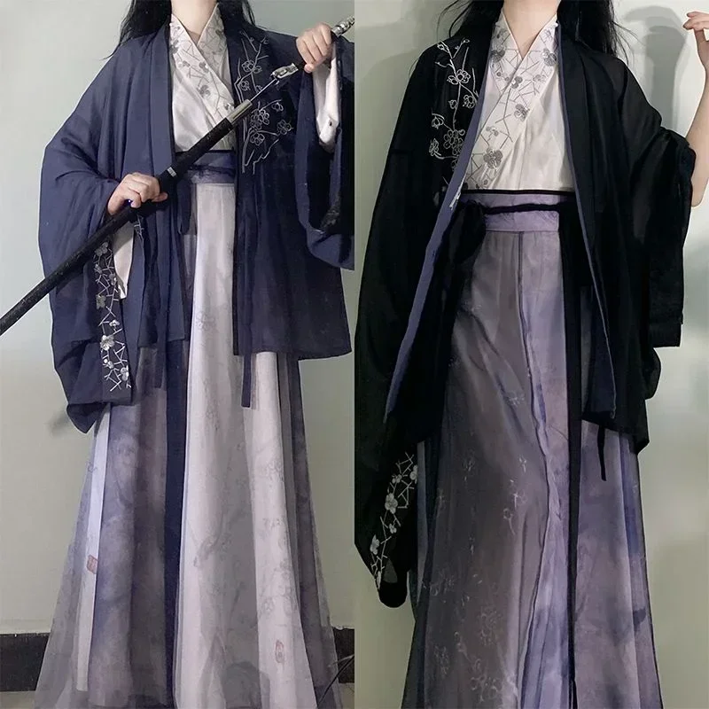 ชุดจีนโบราณ2สีสำหรับผู้หญิงชุดของผู้หญิง Weijin Dynasties ชุด Hanfu 3ชิ้นลายพิมพ์สีม่วงสง่างาม