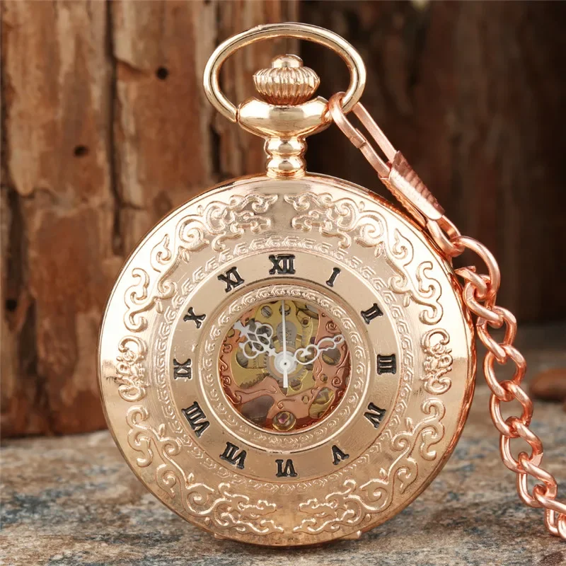 Vintage Roman Numbers Skeleton Mechanical Hand-Wind Pocket Watch with Pendant Chain Men Women Rose Gold Clock Timepiece
