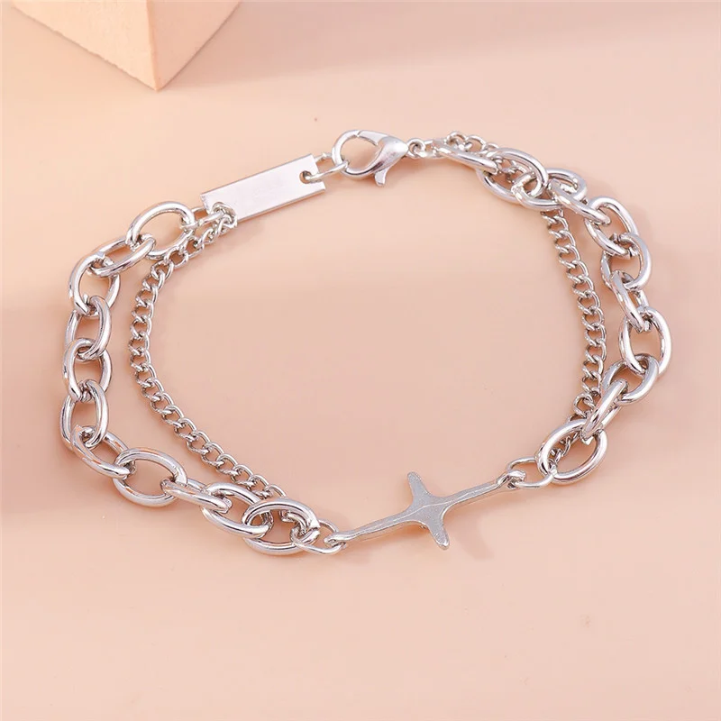 Aihua Silberfarbenes Kettenarmband mit Polaris-Stern für Damen, Trendiges Kreuz-Charm-Armband, Geburtstagsgeschenk für Frauen – Detail 4