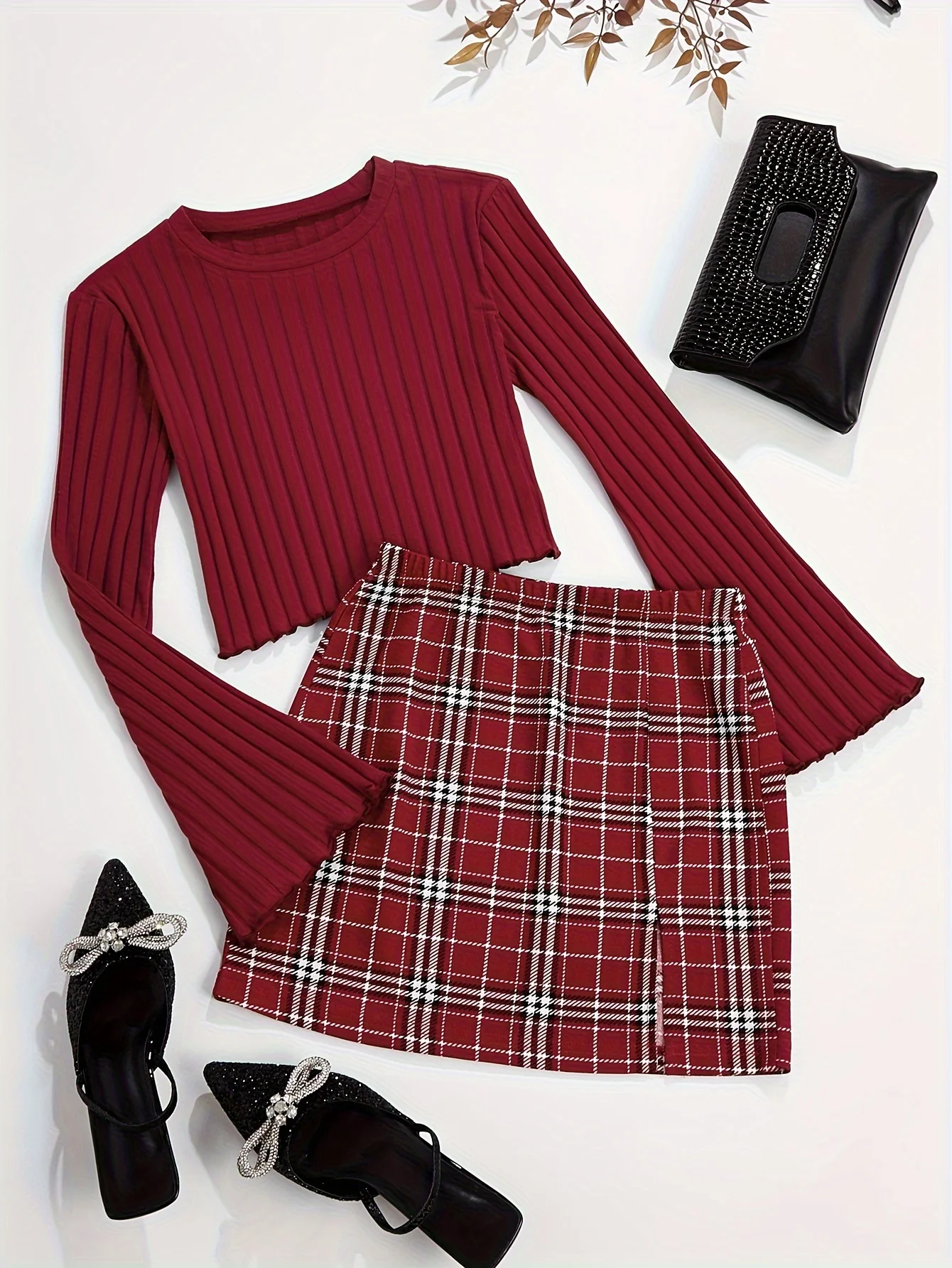 Casual Colorblock Two-piece Skirt Set Ribbed Crew Neck Long Sleeve Top & Plaid Skirts Women's Clothing