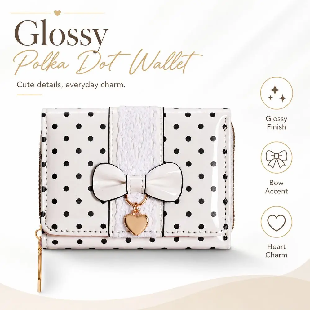 New PU Wallet Tri-Fold Wallet Glossy Finish Polka Dot Pattern Coin Purse PU Bow Decoration Money Purse Everyday Carry