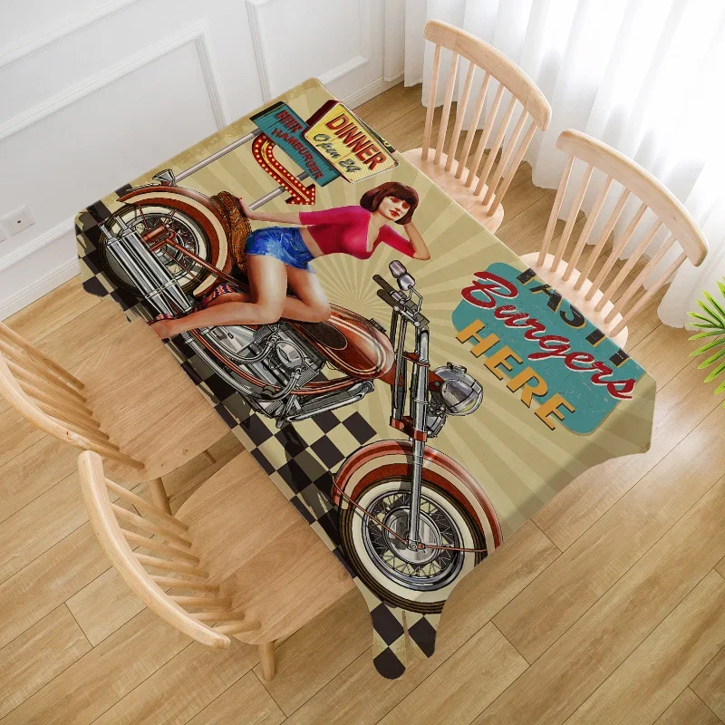 One vintage-style tablecloth with a Pin-Up motorcycle design - washable polyester fabric