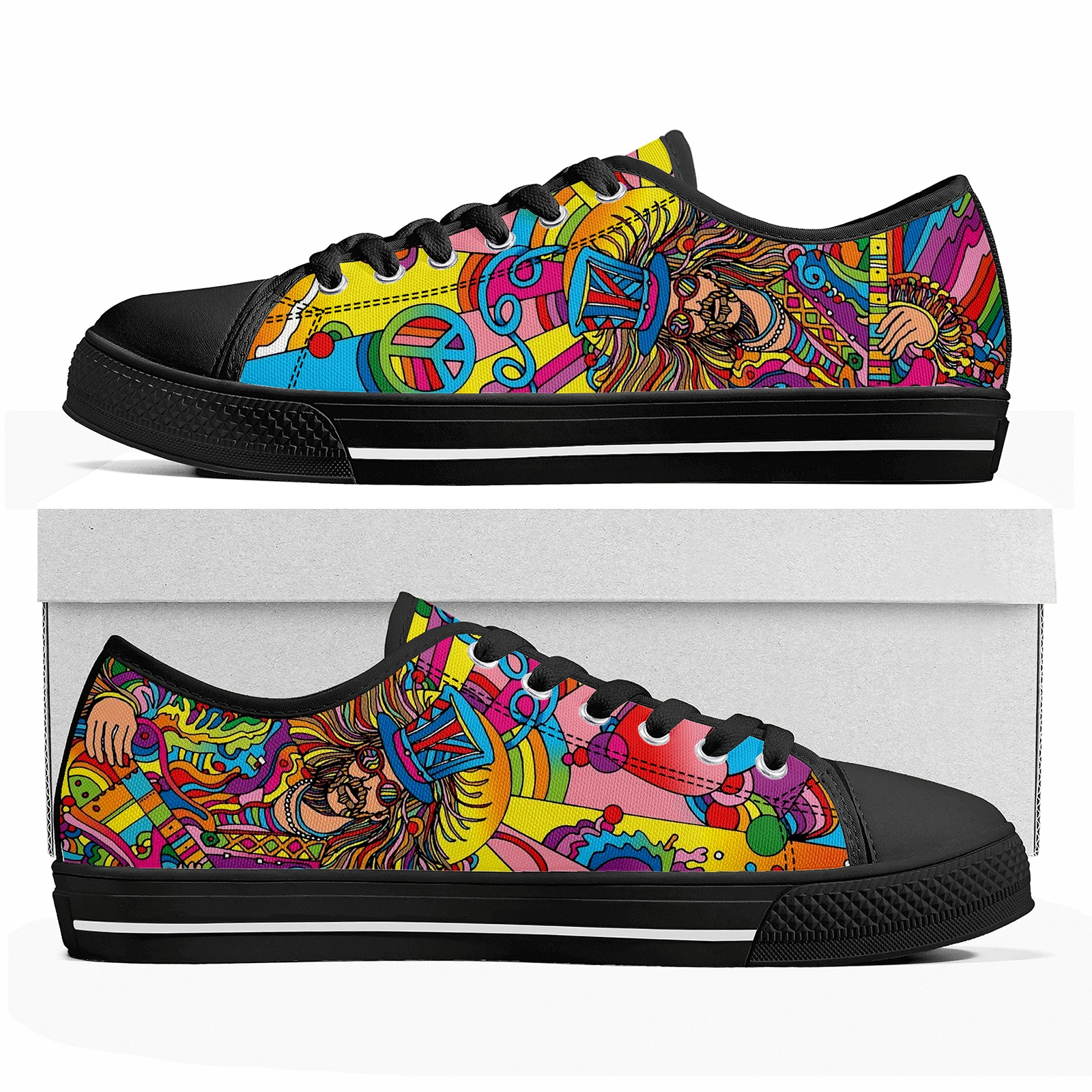 Zapatillas de deporte de alta calidad para hombre y mujer, zapatos coloridos de guitarra Hippie Rock, hechos a medida, de lona, para parejas