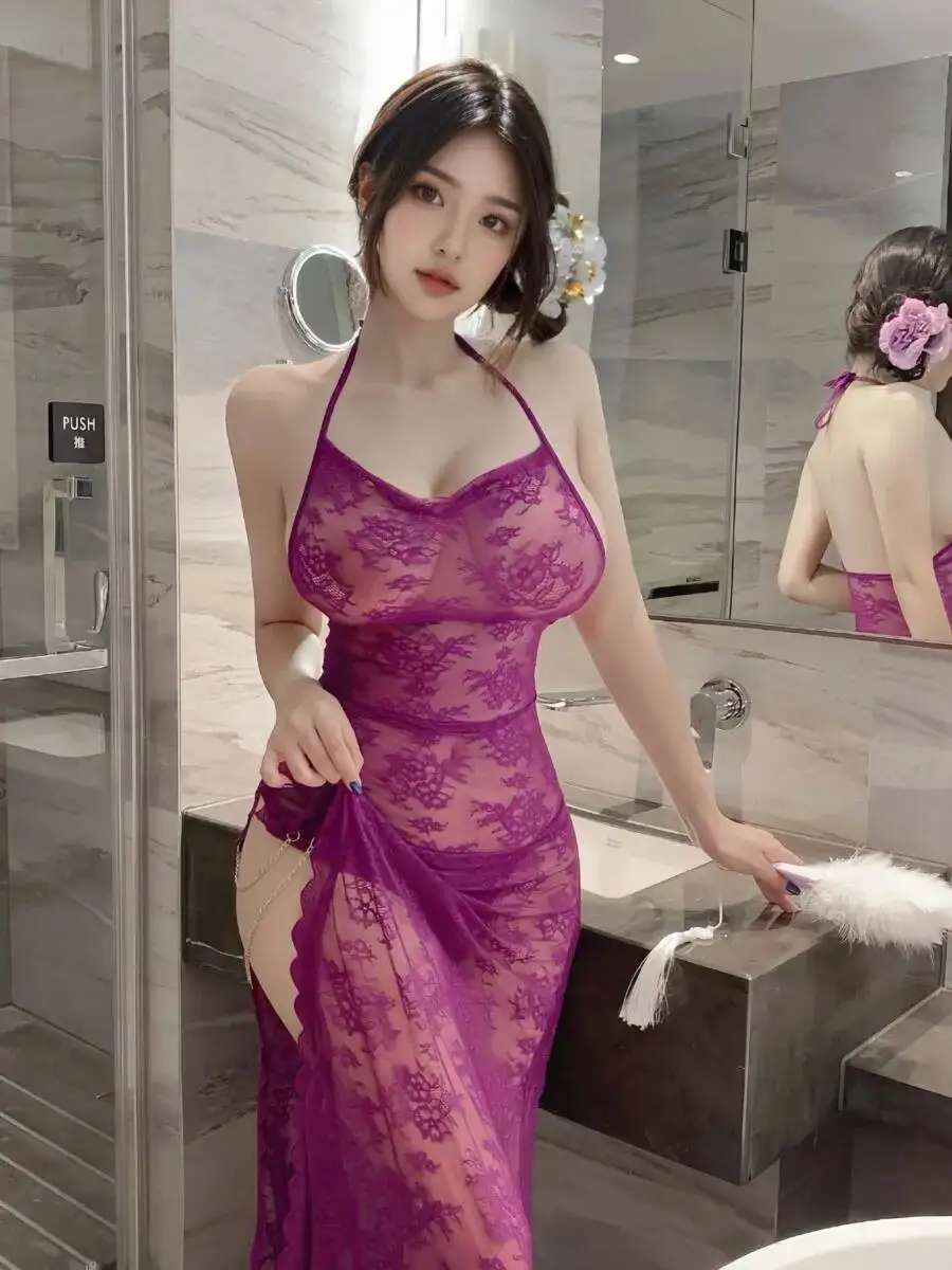 Robe longue sexy uniforme dentelle transparente pur désir robe moulante Style longue dos nu profond col suspendu robe sans manches KSIT