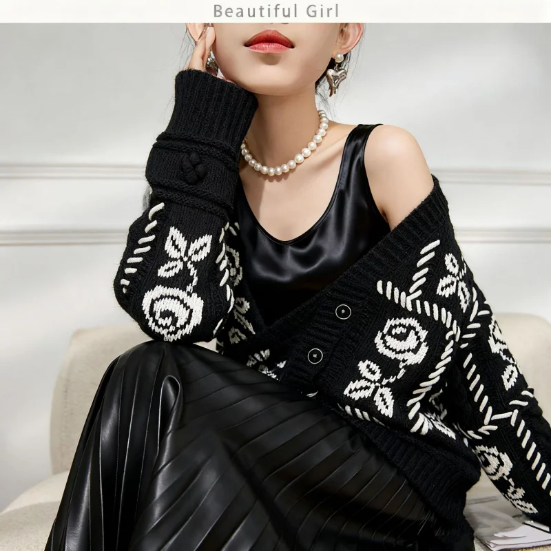 2026 Spring and Autumn New Black Rose Flower Hand-Embroidered Knitted Cardigan Heavy Vintage Sweater Coat Women