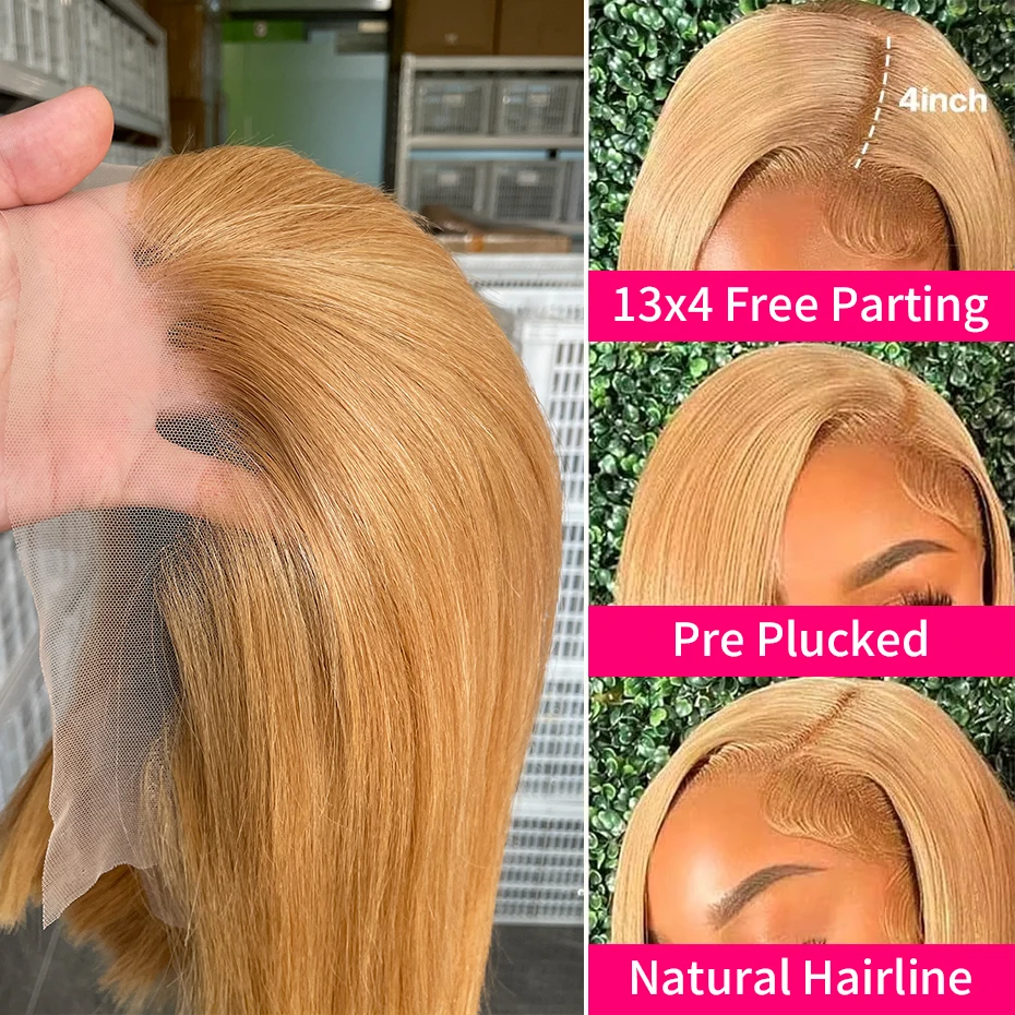 27 Honey Blonde Straight Wigs Human Hair 100% Human Hair 13x4 Lace Frontal Half Wig 250 300 Density 5x5 Glueless Wig For Women