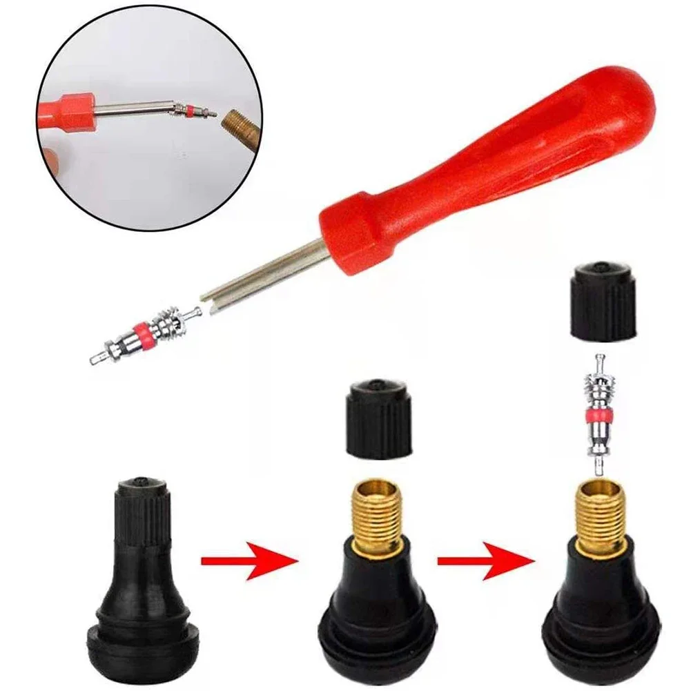 Tire Valve Core Replacement Set Brass Schrader Cores Red Ring Remover Wrench Driver Auto Car Truck Wheel Service Set