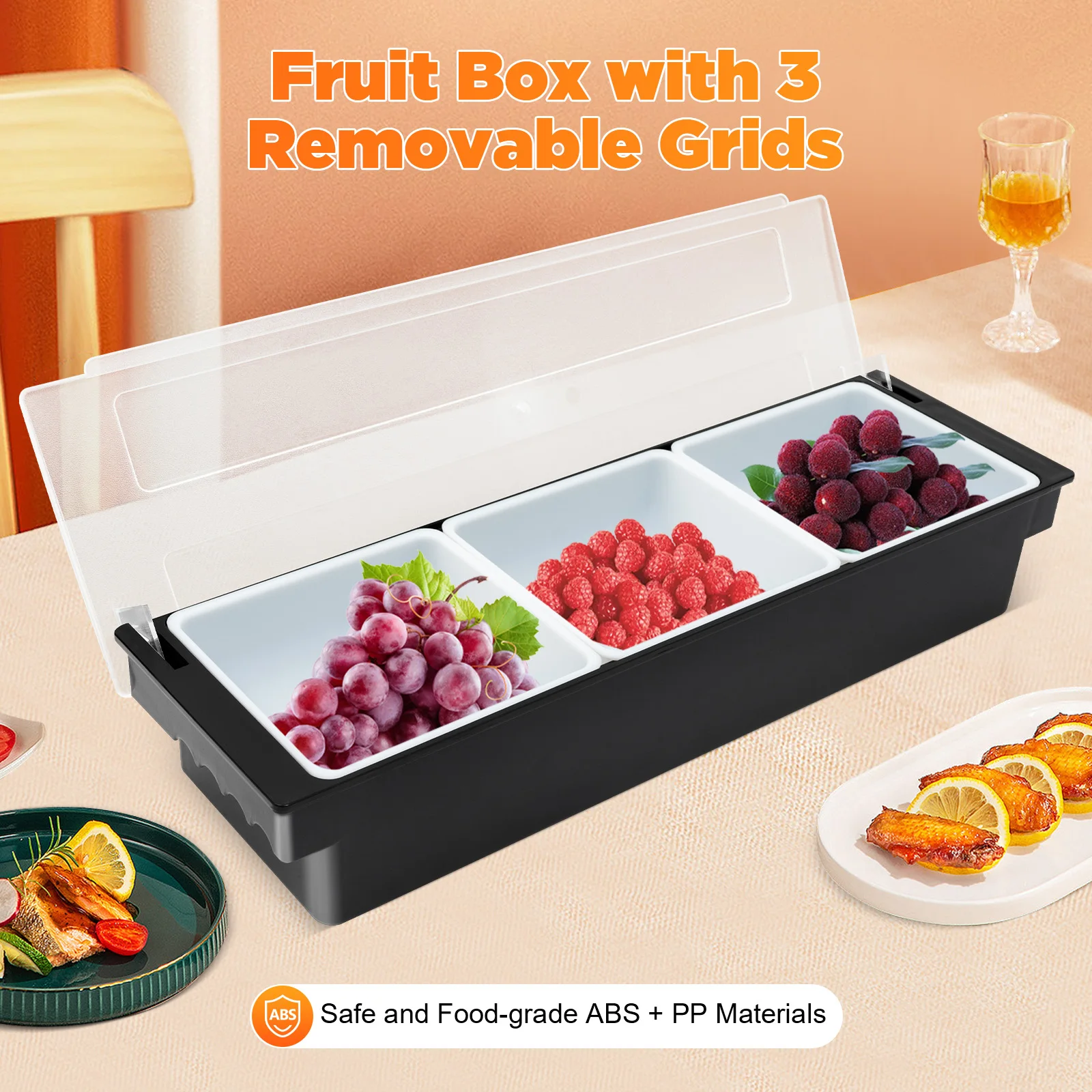 

3 Compartment Fruit Veggie Condiment Caddy W/ Lid Condiment Server For Catering Dips Toppings, Fruit & Salad Garnish Organizer