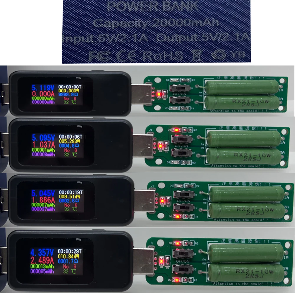 USB 저항 DC 전자 부하 2 스위치 가변 전류 5V 1A/2A/3A 배터리 용량 전압 방전 저항 테스터