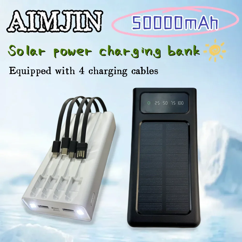 

Outdoor portable solar power charging bank with a large capacity of 50000mAh, mobile power supply comes with 4 wires and LED lig