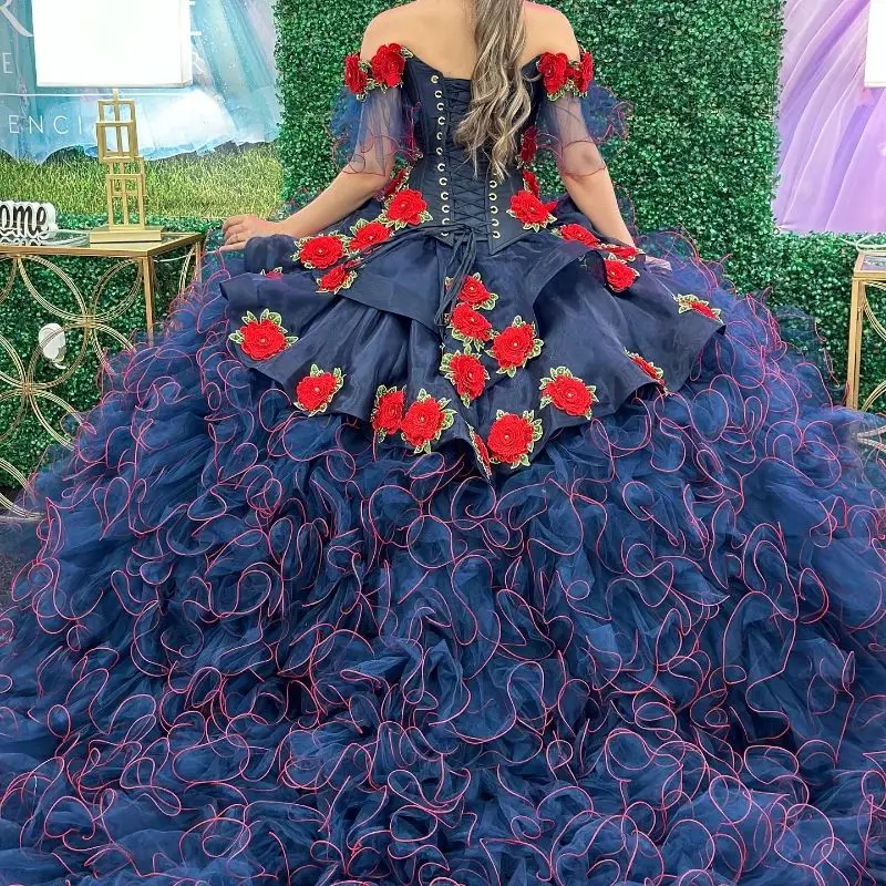 Lorencia Marineblau Frauen aus der Schulter Quince anera Kleid Applikation 3d Blume Tüll abgestuft süß 16 15 Vestidos de 15 Anos yqd477