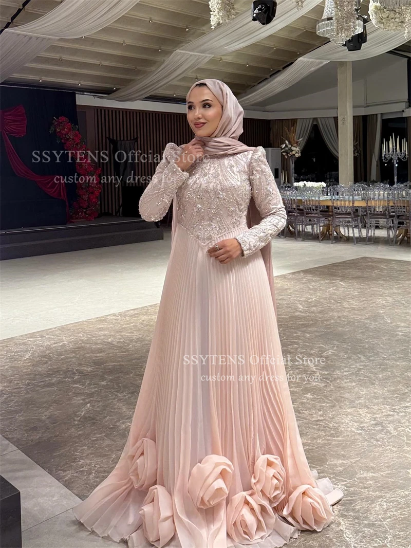 فساتين سهرة فاخرة من SSYTENS للنساء لحفلات الزفاف فساتين حفلات الضيوف الوردية الأورجانزا بأكمام طويلة للمناسبات الخاصة حسب الطلب