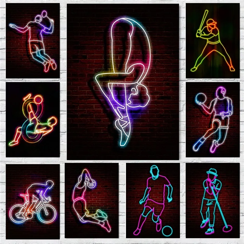 Sport Poses Zone Logo Neon Light Line Poster Printing Decorative Canvas Painting Living Room Bedroom Gym Wall Art Home Decor