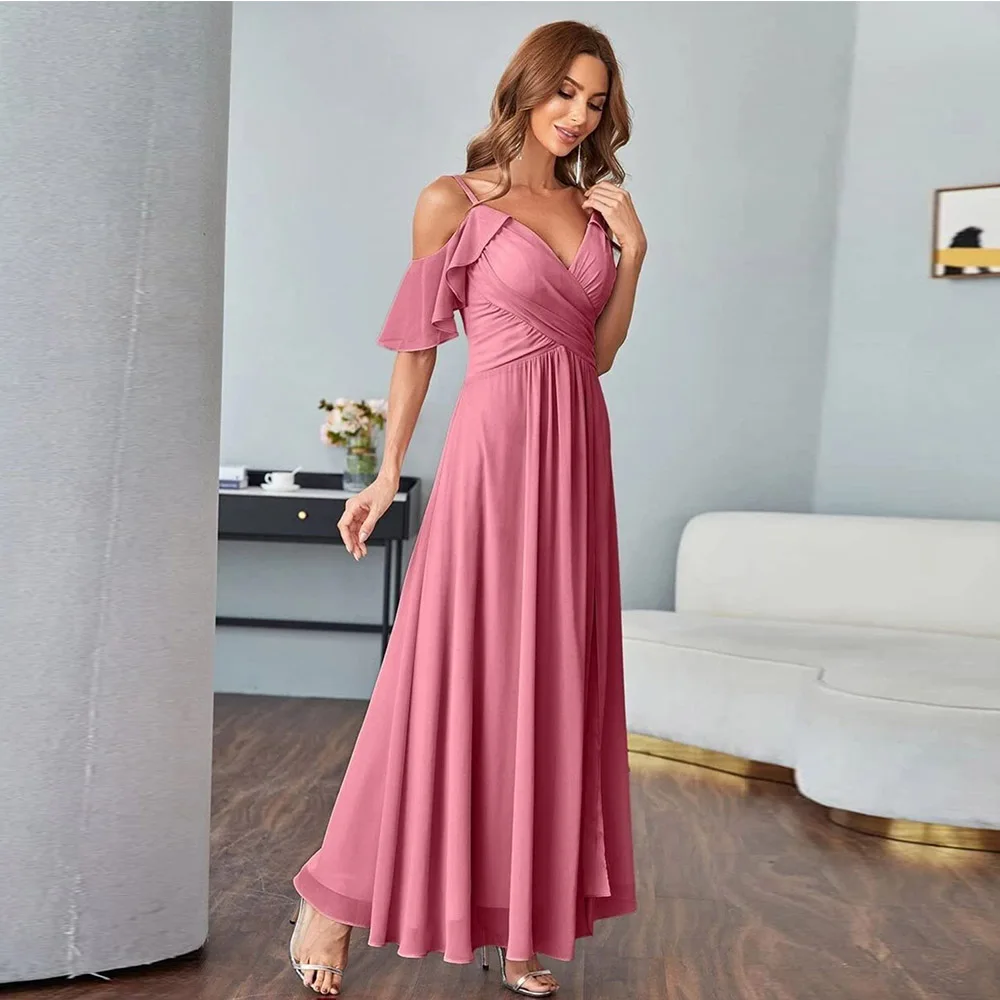 

Customized Elegant Mother of The Bride Dresses Chiffon for Women Ruched Cap Sleeve Formal Dress A Line Evening Party Gown Slit