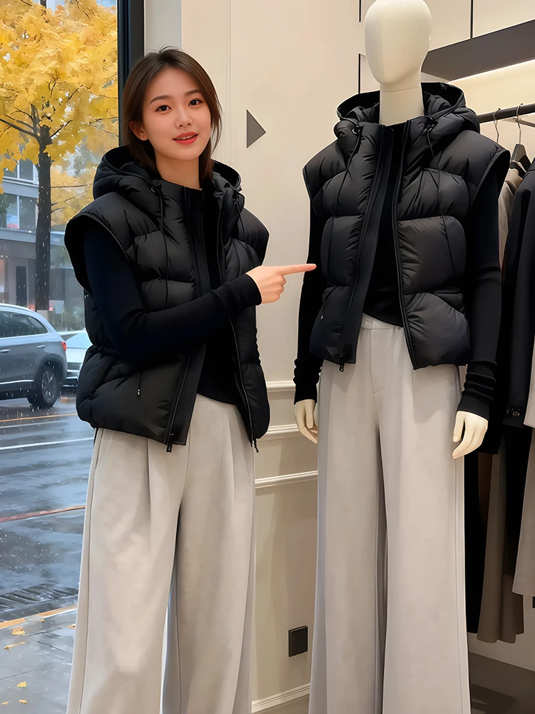 

Новая женская зимняя укороченная пуховая куртка-жилет с капюшоном, приталенная, модная, с молнией, премиум-класса, цветная