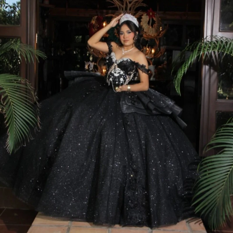 

Black Shiny Quinceanera Dresses Ball Gown Off The Shoulder Applique Lace Beads Tull Corset Party Birthday Sweet 16 Dress Vestido