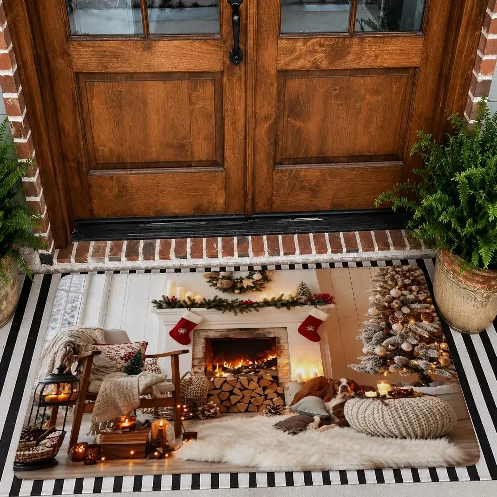 Christmas Fireplace Tree Scenes Floor Mat Flannel Rug Non Slip Absorbent Soft Washable For Entryway Bathroom Kitchen Decor
