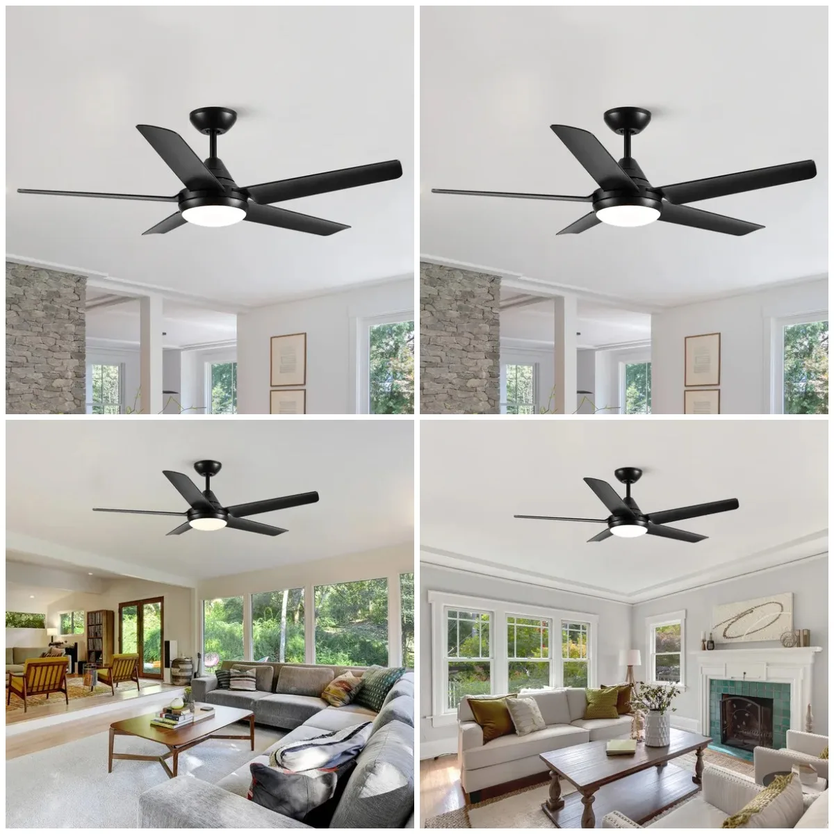 48 cali. Wentylator sufitowy LED do wnętrz, matowy czarny, z wbudowanym zestawem oświetleniowym i pilotem.