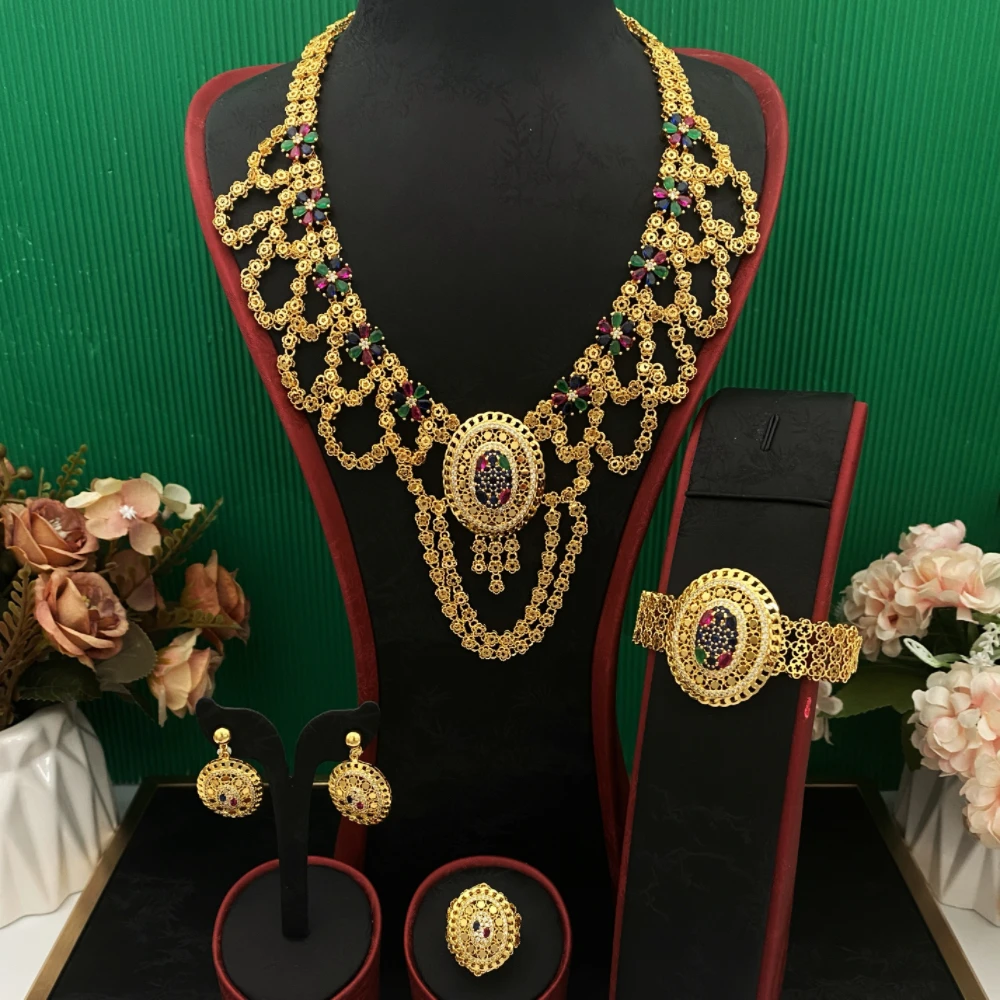 JRH Morocco Middle East Zircon Women's Jewelry Set Gold-Plated Copper Bracelet Ring Necklace Earrings for Festival Sparkling